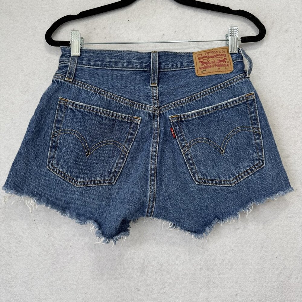 Levis Cut-Off Denim Shorts Womens W25 Blue Ripped High Rise Button Fly Raw Hem - Picture 7 of 11